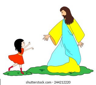 Little girl with Jesus on white,Follow Jesus-Vector illustration