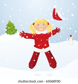 Little girl jump snowing day (vector version)