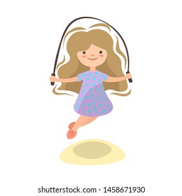 Little girl jumping with jump rope, summer kids activity, vector cartoon illustration