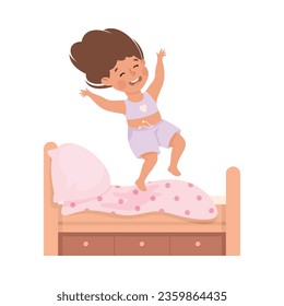 Little Girl Jumping on Her Bed Having Bad Behavior Vector Illustration