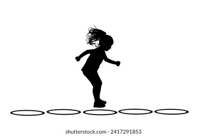 Little girl jumping play game outdoor vector silhouette illustration isolated on white background. Playground with circle step by step. Ponytail happy daughter smiling enjoy. Healthy kid move to point
