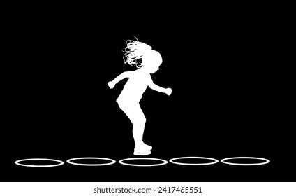 Little girl jumping play game outdoor vector silhouette illustration isolated on black background. Playground with circle step by step. Ponytail happy daughter smiling enjoy. Healthy kid move to point