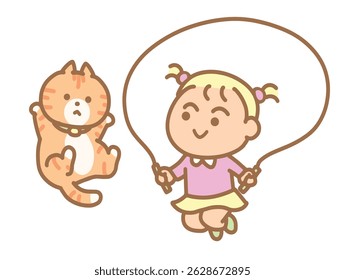 Little girl jumping rope with cat.