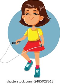 
Little Girl Jumping Rope Playing by Herself Vector Isolated Character. Child rope skipping feeling energetic and happy 
