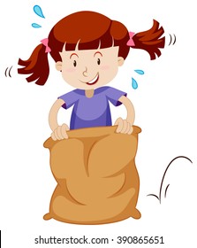 Little girl jumping in the sack illustration