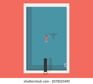 A little girl jumps into the pool and sees herself with wings in her shadow. Conceptual flat vector illustration.