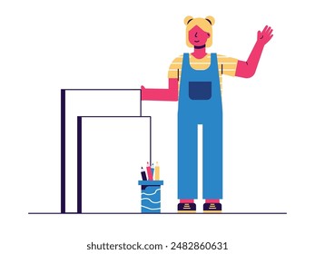 A little girl in a jumpsuit with her hands up, happily drawing on a canvas. Character design. Vector flat illustration