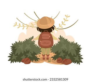 Little Girl in the Jungle Standing with Backpack Exploring Tropical Environment Vector Illustration