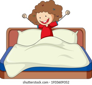 Little Girl Just Wake Up On Bed Doodle Cartoon Character Illustration