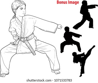 Little girl karateka in kimono trains and practices to strike and defend herself