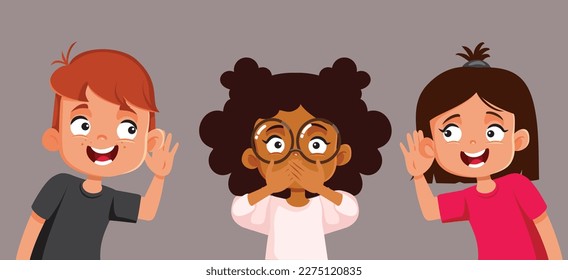 
Little Girl Keeping a Secret from Curious Friends Vector Cartoon Illustration. Funny kids eavesdropping pressuring their friend to drop her silence 
