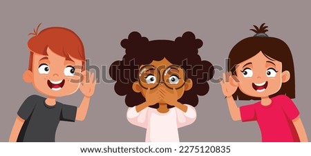 
Little Girl Keeping a Secret from Curious Friends Vector Cartoon Illustration. Funny kids eavesdropping pressuring their friend to drop her silence 
 [[stock_photo]] © 