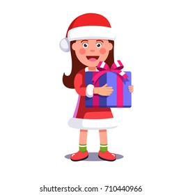 Little girl kid dressed like Santa Claus holding big wrapped gift box decorated with ribbon bow. Merry Christmas greeting card template. Flat style vector illustration isolated on white background.