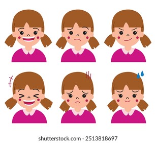 Little girl or kid facial expression character. Happiness, anger, smile, shock, fear, joy for illustration and education