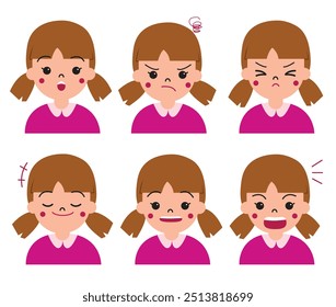 Personagem de expressão facial de menina ou criança. Felicidade, raiva, sorriso, choque, medo, alegria para ilustração e educação