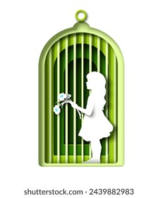 Little girl kid with flower bouquet locked in golden cage papercut origami vector illustration. Female soul, unmet childhood needs, inner child psychology and mental health treatment concept