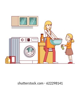 Little Girl Kid Helping Her Mother Chores In Laundry Room With Washing Machine & Clothes Basket. Mum And Daughter Doing Housework Together. Flat Style Vector Illustration Isolated On White Background.