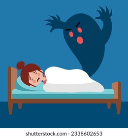 Little girl kid nightmare bad dream in flat design.