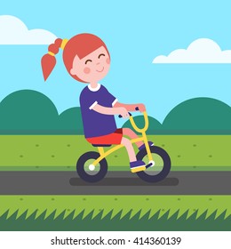 Little girl kid riding bicycle a outdoors on a park bike path. Cartoon character clipart. Modern flat style illustration.