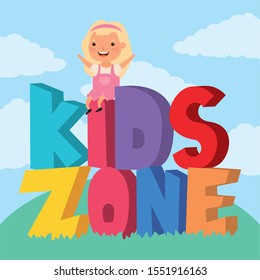 little girl with kids zone lettering in the field vector illustration design