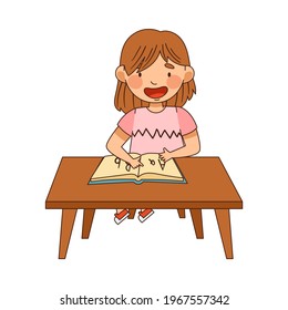 Little Girl in Kindergarden Sitting at Desk with Book and Learning English Alphabet Vector Illustration