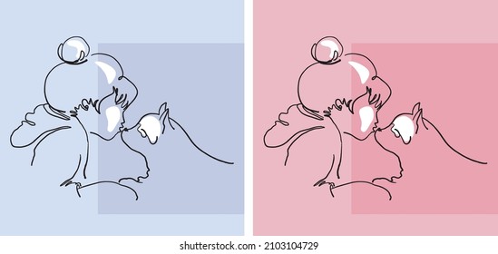 Little girl kisses the puppy in nose. Love and friendship. Children’s love and care for animals and pets concept. Vector illustration on isolated background.