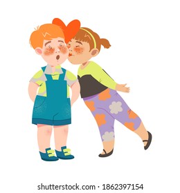 Little Girl Kissing Flushed Boy in Shortalls Cheek Vector Illustration