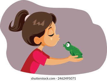 
Little Girl Kissing a Frog Dreaming of Becoming Princess Vector Cartoon. Funny kid daydreaming of transforming a toad into a prince 
