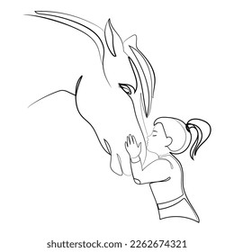 Little girl kissing a horse Line art drawing vector illustration.Silhouette of a child with a horse.Love for animals and care concept.Modern Minimal art  drawing