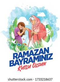 Little girl kissing parent's hand for traditional act of respect. watercolour vector illustration on the letter"happy ramadan bairam"