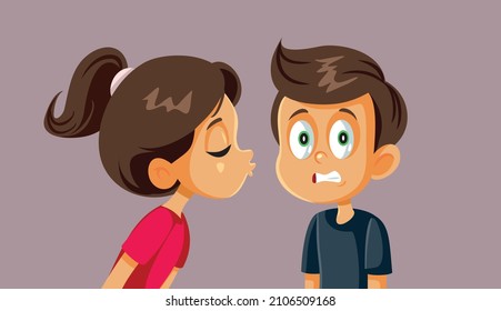 

Little Girl Kissing Shy Introvert Boy Vector Cartoon Illustration. Shy boy feeling shy rejecting affection from his girl friend
