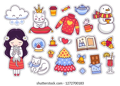 Little girl with kitten, cat, chocolate, book, mulled wine, sweater, snowman. Set of cartoon winter stickers, patches, badges, pins, prints. Doodle style. Vector illustration.