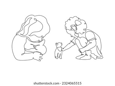Little girl with kitten cat line art vector