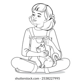 little girl with kitten, girl drinks tea, pets cat, cozy home