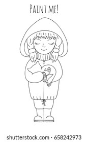 Little girl with kitten in hands. Coloring book for adults and children.