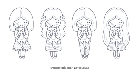 Little girl with kitten in her hands. Set of cute cartoon characters. Vector illustration for coloring book, print, card, postcard, poster, t-shirt, tattoo.