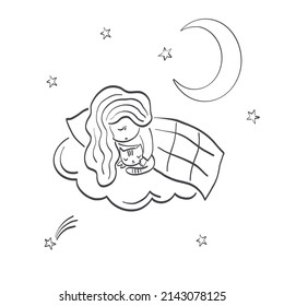 Little girl with kitten sleeping on a cloud bed in starry night sky under half moon vector illustration isolated on white. Magical sweet dreams cartoon childish colouring page design.