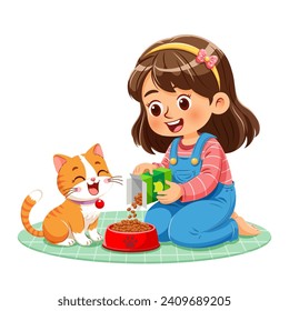 Little girl kneeling on the floor with a smile and enjoying the time of feeding her cat at home. Vector illustration isolated on white background