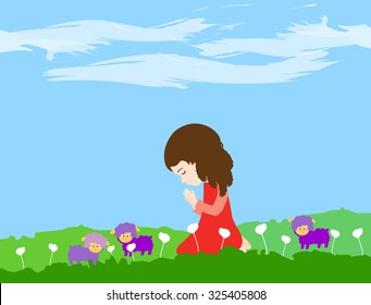 A little girl kneeling and praying with sheep-Vector illustration 

