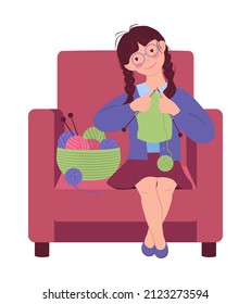 Little girl knits. Baby is sitting in the armchair and holding knitting needles in her hands. There is a basket of tangles nearby. Handmade concept. Vector isolated flat illustration