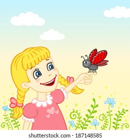 little girl with a ladybug on a palm