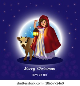 Little girl with a lantern in her hands and a baby bull, vector illustration with the text Happy Christmas and new year, Christmas card