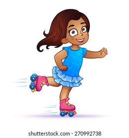 Little girl Latina rides on roller skates. Teen rides on roller skates and enjoy the speed and freedom. girl in dress on roller skates. isolated vector illustration