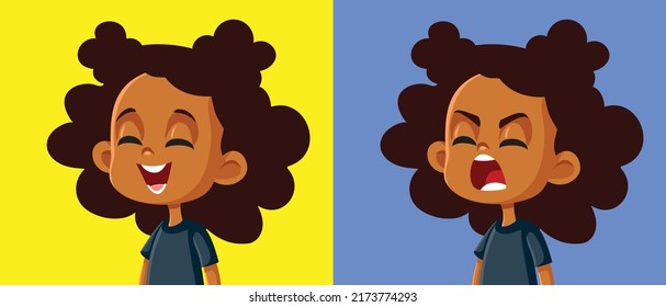 
Little Girl Laughing and Screaming with Anger Vector Cartoon Character. Child having different emotions and facial expressions feeling happy or unhappy
