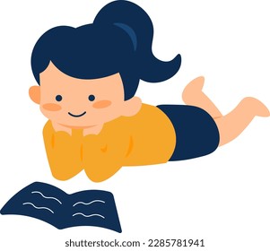 Little Girl Laying Down And Reading A Book - Kids Reading Vector Illustration