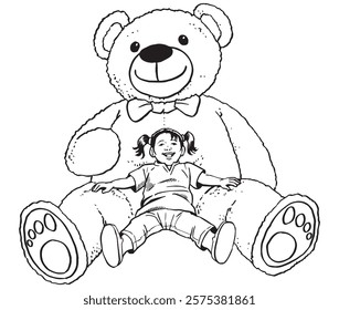 A little girl leans into a giant teddy bear and laugh. Illustration in black and white and vector format.