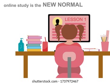 A little girl is learning in front of the computer screen. Her desk is full with stationeries such as pencils, books. There’s a word online study is the new normal.