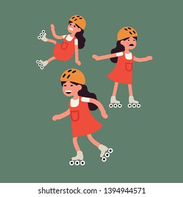 Little girl learning how to roller skate flat design illustration. Funny little set of kid character trying to ride on roller skates, balancing and falling