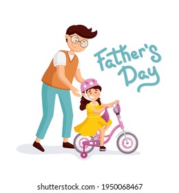 Little girl learning to ride a bicycle for the first time with her father. Vector family composition for design brochures, flyers, banners and others for Father’s Day.