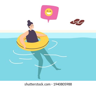 Little Girl Learning to Swim Floating on Inflatable Ring in Swimming Pool or Sea. Child Female Character Sports Activity, Summer Recreation, Hobby Concept. Cartoon People Vector Illustration